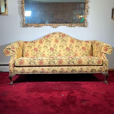 ETHAN ALLEN CHIPPENDALE SOFA | Ethan Allen Chippendale style Sofa with carved claw and ball feet. Crewel style beige upholstery with arm...