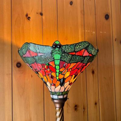 DRAGONFLY STAINED GLASS FLOOR LAMP | Ornate gilded base with Dragonfly shade. - h. 70 x dia. 14 in 
