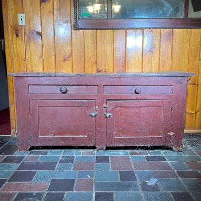 DRY SINK IN RED PAINT | 19th C Dry Sink in original red paint. Copper lined, two drawers over double cupboard. - l. 65 x w. 18 x h. 28.5 in 