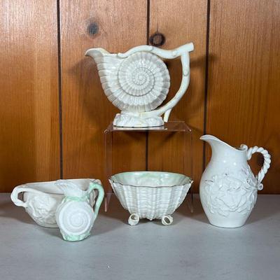 (5PC) BELLEEK NAUTILUS NEPTUNE BLACK MARK GROUP | Belleek Group Including: (1) Neptune Bowl 2nd Mark Black 1891-1926. (1) Nautilus...