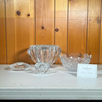 (3PC) OREFFORS & WATERFORD BOWLS | Lot Includes: (1) Large Bowl also etched â€œ4929-14â€. (1) Votive Candle Holder 5.25 D. 2â€ H....