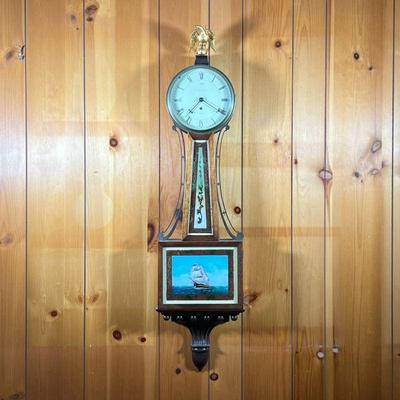 S. A. MACQUEEN BANJO CLOCK | â€œS. A. MacQueen and Co.â€ â€œWalthamâ€ both marked on face, Banjo Clock. Has reverse painted Masted Ship...