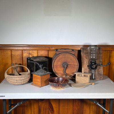 (10PC) HALL BROS. BUTTER CHURN & COFFEE GRINDER LOT | Vintage Kitchen Lot includes: (1) Hall Bros. West Acton Mass. Butter Churn...