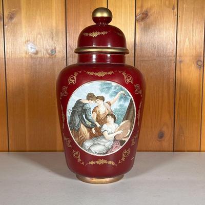 PORCELAIN URN W/CLASSICAL DECORATION | Porcelain Urn with lid having a print under glaze decoration of three woman in classical dress....