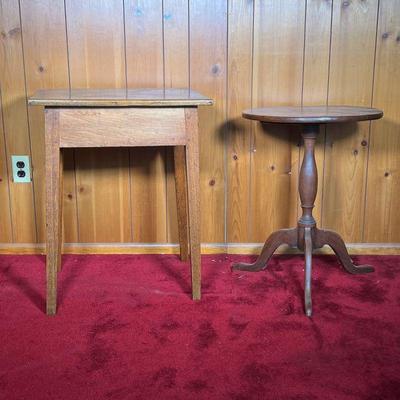 (2PC) CANDLE STAND & COUNTRY TABLE | Lot includes: (1) 19th C Mahogany Candle Stand with butterfly joints and iron repair plate on...