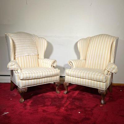 (2PC) ETHAN ALLEN WING CHAIRS | Pair of Ethan Allen Chippendale style Wing Chairs with Claw & Ball feet. Classic stripe upholstery...