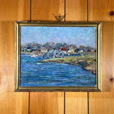 V. DRENNAN SEASIDE COVE PAINTING | Cove village Impressionist Oil on artist board of a village on a cove signed V Drennan possibly...
