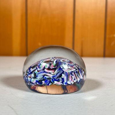 BACCARAT PAPERWEIGHT | Acid etched â€œBaccarat Franceâ€. Paperweight has folds of blue, pink and green. - h. 2 x dia. 2.5 in 