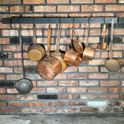 (9PC) COPPER POT & LADLES | Vintage Copper Pot Lot Includes: (4) Copper Pots. (1) Copper Handled Pot Lid. (1) Copper Pan. (1) Iron...