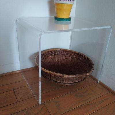 16" Diameter woven basket and Lucite end table (set)