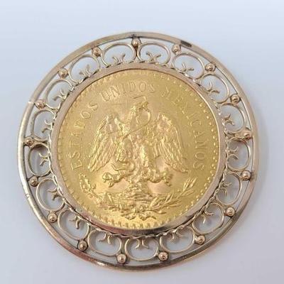 #520 â€¢ 14k Gold Pin with 1821-1924 .900 Gold 50 Pesos Coin , 54.1g
