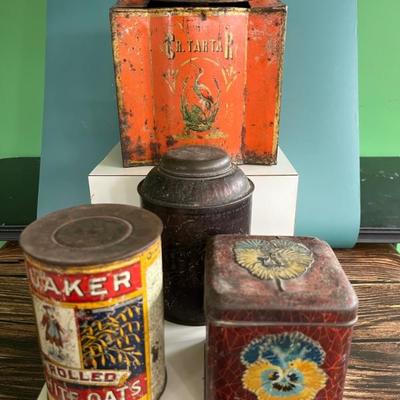 Antique advertising tins and cardboard containers: G&P bread, McLaughlin Coffee, Quaker, CR Tartar, Wag Coffee, Scheppâ€™s Cocoanut,...