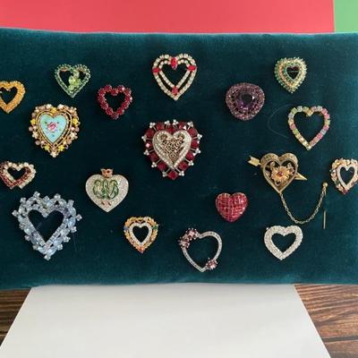 Vintage costume jewelry, pins and brooches, rhinestone, hearts and Valentineâ€™s Day