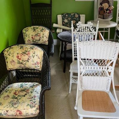 Vintage and antique wicker furniture, chairs, settees, desks, tables and lamps, including Haywood Wakefield