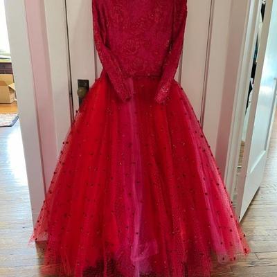 1980s Bob Mackie couture dress in red, red and hot pink lace bodice with full tulle skirt layered in red, lavender, pink and orange with...
