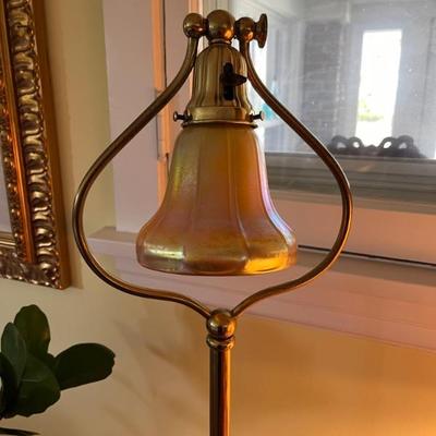 Antique smoking stand floor lamp, brass, with an antique aurene glass shade