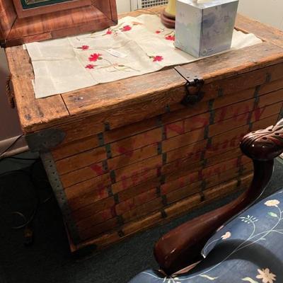 very cool antique trunk, made in Evanston, great size and height for a side table
