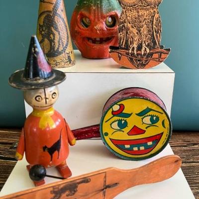 Vintage 1920s, 1930s and 1940s tin and cardboard Halloween toys, noisemakers and treats from Kirchhof, T. Cohn, Gotham Stamping and Die,...
