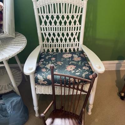 Vintage and antique wicker furniture, chairs, settees, desks, tables and lamps, including Haywood Wakefield