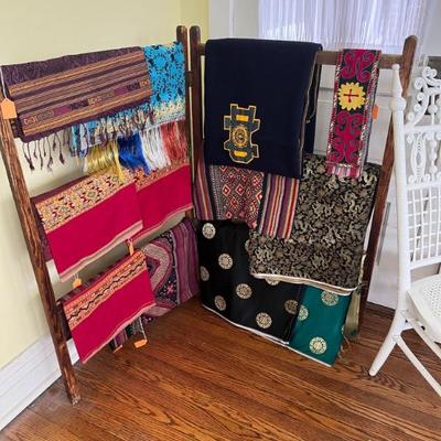 Lots of beautiful textiles and scarves, including a vintage 1940s Notre Dame stadium blanket