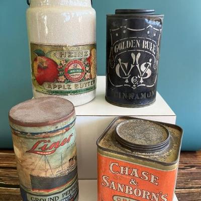 Antique advertising tins and cardboard containers: G&P bread, McLaughlin Coffee, Quaker, CR Tartar, Wag Coffee, Scheppâ€™s Cocoanut,...