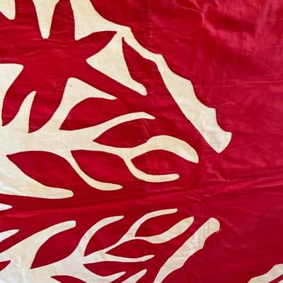 Vintage handmade Hawaiian quilt, red and white