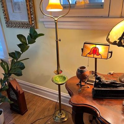 Antique smoking stand floor lamp, brass, with an antique aurene glass shade