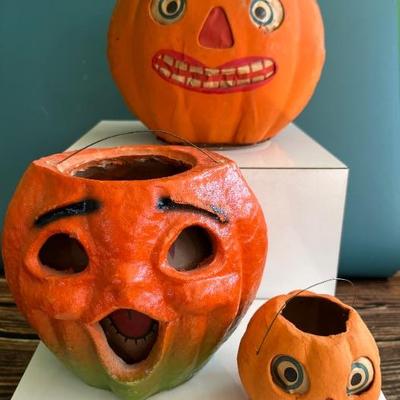 Vintage 1930s, 1940s papier mache jack â€˜o lanterns and black cats, made in USA and Germany