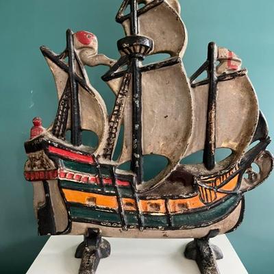 Hubley, c 1930, vintage three masted ship cast iron doorstop