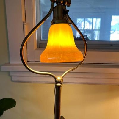 Antique smoking stand floor lamp, brass, with an antique aurene glass shade