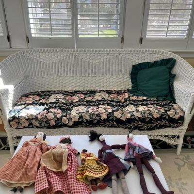 1920s Heywood-Wakefield wicker chairs, settees and tables, green and white