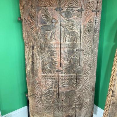 Antique hand carved Indian door panel, still has remnants of original paint, mounted on a metal base, really amazing decor piece