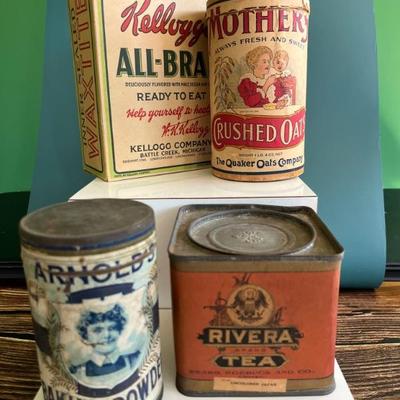 Antique advertising tins and cardboard containers: G&P bread, McLaughlin Coffee, Quaker, CR Tartar, Wag Coffee, Scheppâ€™s Cocoanut,...