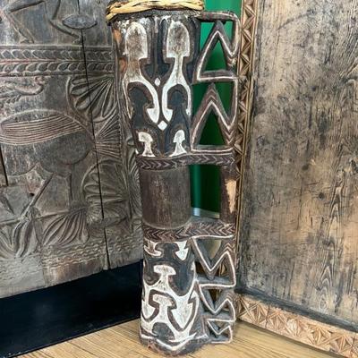 Vintage Asmat drum, Papua New Guinea, wood and lizard skin