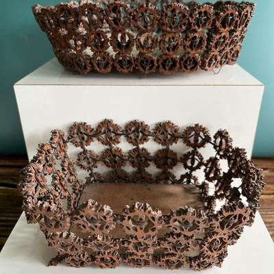 Antique carved black walnut tramp art, folk art baskets with cigar box bases