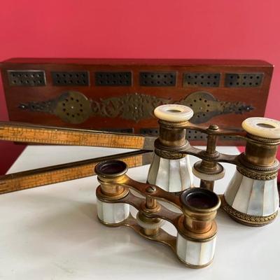 Antique cribbage board, antique pocket measuring stick, antique French mother of pearl opera glasses