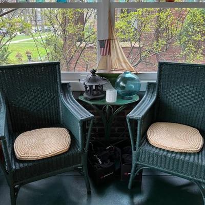 1920s Heywood-Wakefield wicker chairs, settees and tables, green and white