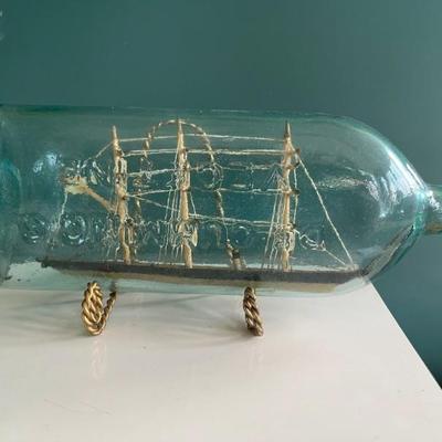 c. 1885 antique ship in a bottle, the bottle is a Dr Cumming Vegetine bottle, c 1885