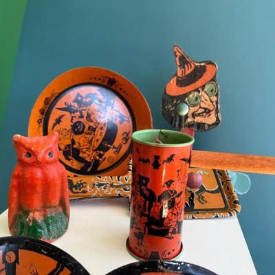Vintage 1920s, 1930s and 1940s tin and cardboard Halloween toys, noisemakers and treats from Kirchhof, T. Cohn, Gotham Stamping and Die,...