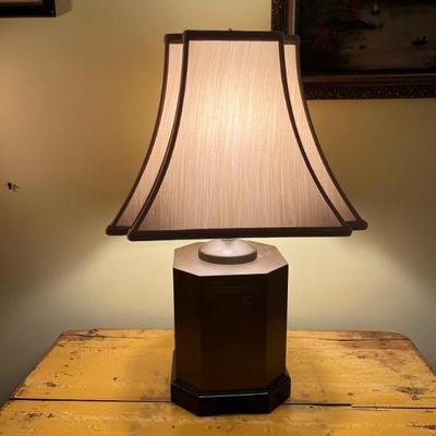 a pair of Chinoiserie style lamps, brass bases with new silk shades