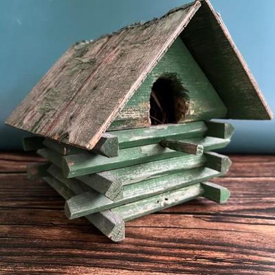 Vintage and metal birdhouses, silo and log cabin 