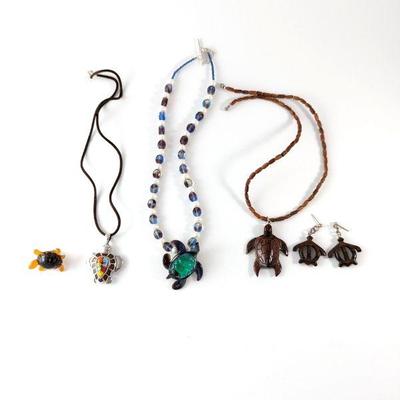 Signed Alan K Sterling 925 Millefiori Turtle Pendant, Koa Wood Carved Necklace & Earrings & Glass Turtle Jewelry