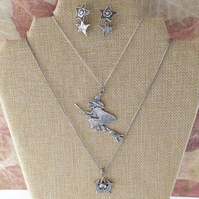 Paul Borda Dryad Design Sterling Silver Moon Pentacle Pendant w/ Moonstone, Witch Necklace & Star Earrings