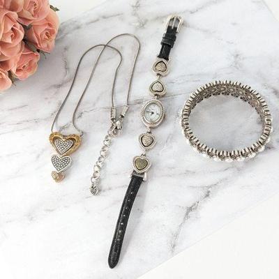 Brighton Rhinestone Heart Necklace, Baltimore Wrist Watch & Alcazar Faux Pearl Bracelet