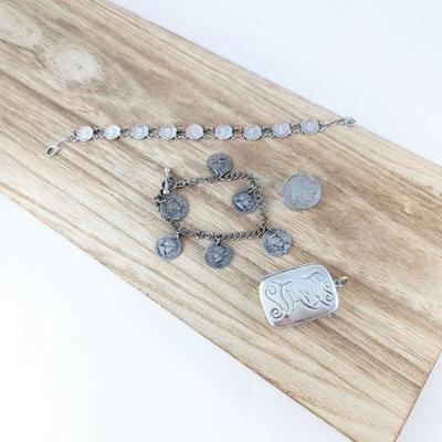 Sterling Silver Coin Bracelets, Button Cover & Stamp Holder Pendant
