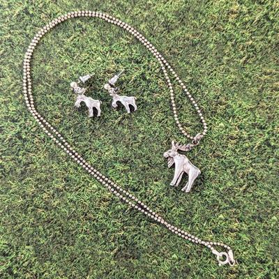 Sterling Silver Navajo Moose Tribal Pendant Charm by Glenn & Irene Sandoval with Sterling Moose Earrings