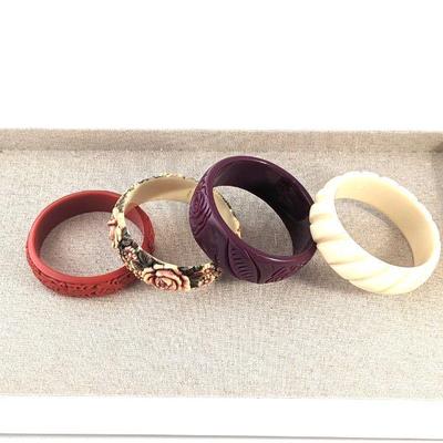 Cinnabar Bangle, Vintage Painted Celluloid Floral Bangle, Plum Rose Bakelite Bangle & Ivory Celluloid Bangle
