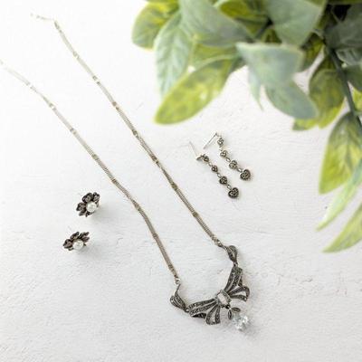 Sterling Silver & Marcasite Necklace & Two Sets of Earrings