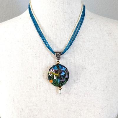 Pati Walton Three Strand Bead & Pearl Necklace with Large Glass Bead Pendant