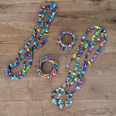 Two Rainbow Dyed Shell Necklaces & Two Rainbow Dyed Shell & Bead Bracelets